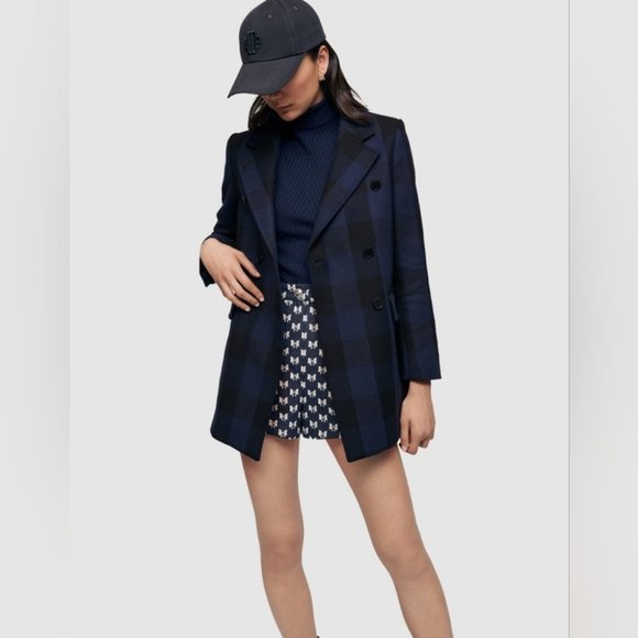 MAJE Goldan Coat Tailored Plaid Oversized Double Breasted Blazer Blue Black Wool - Picture 6 of 16